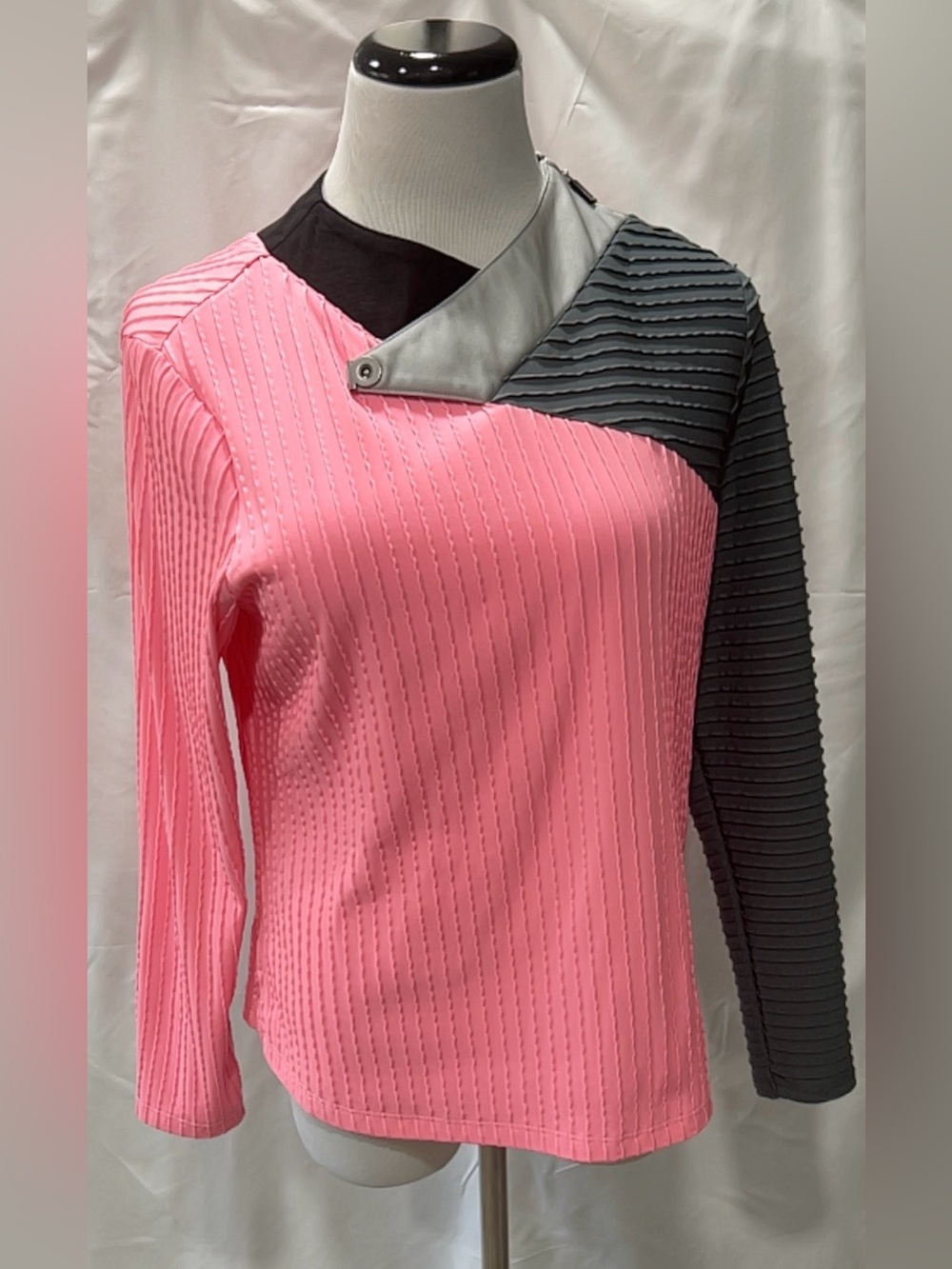 Jamie Sadock Golf Top Womens Medium Pink Gray Asymmetric Zip Mock Neck L/S